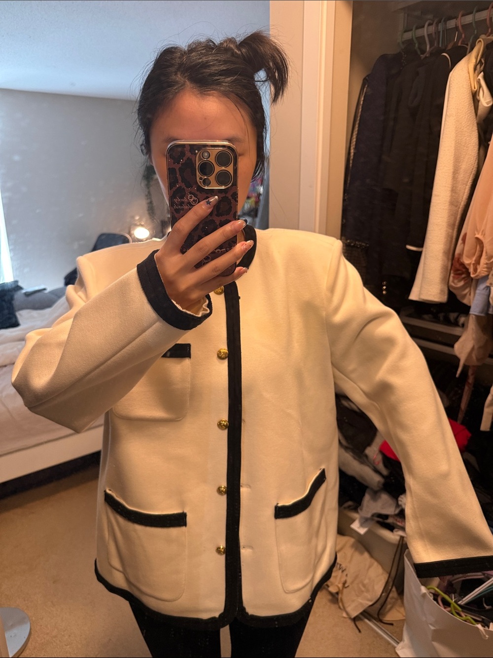 Cream and Black Trim Women's Boxy Jacket